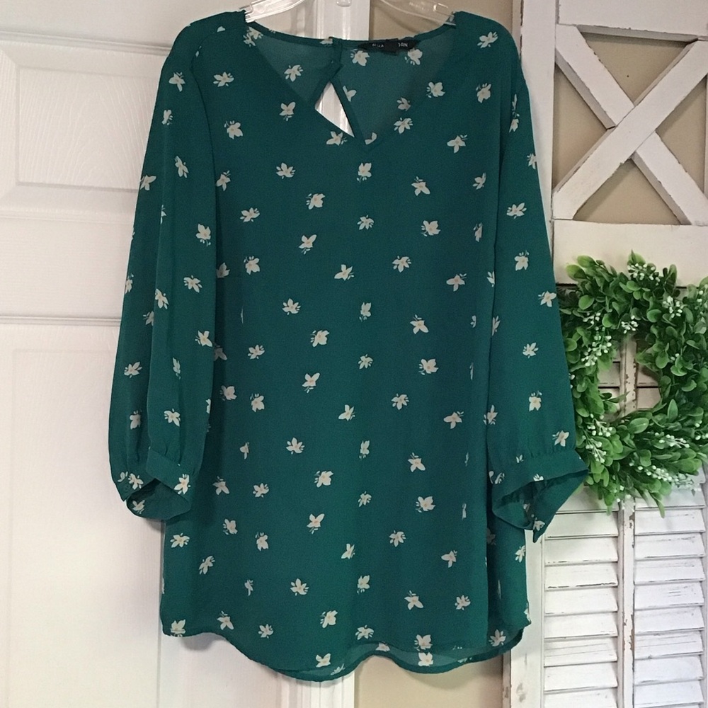 41 Hawthorn Daisy Flower Teal Blouse Shirt Top sz 1X V Neck Key Hole Back Flow
